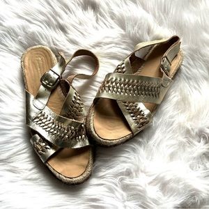 ANTHROPOLOGIE•gold leather woven espadrille sandals 39/8 EUC